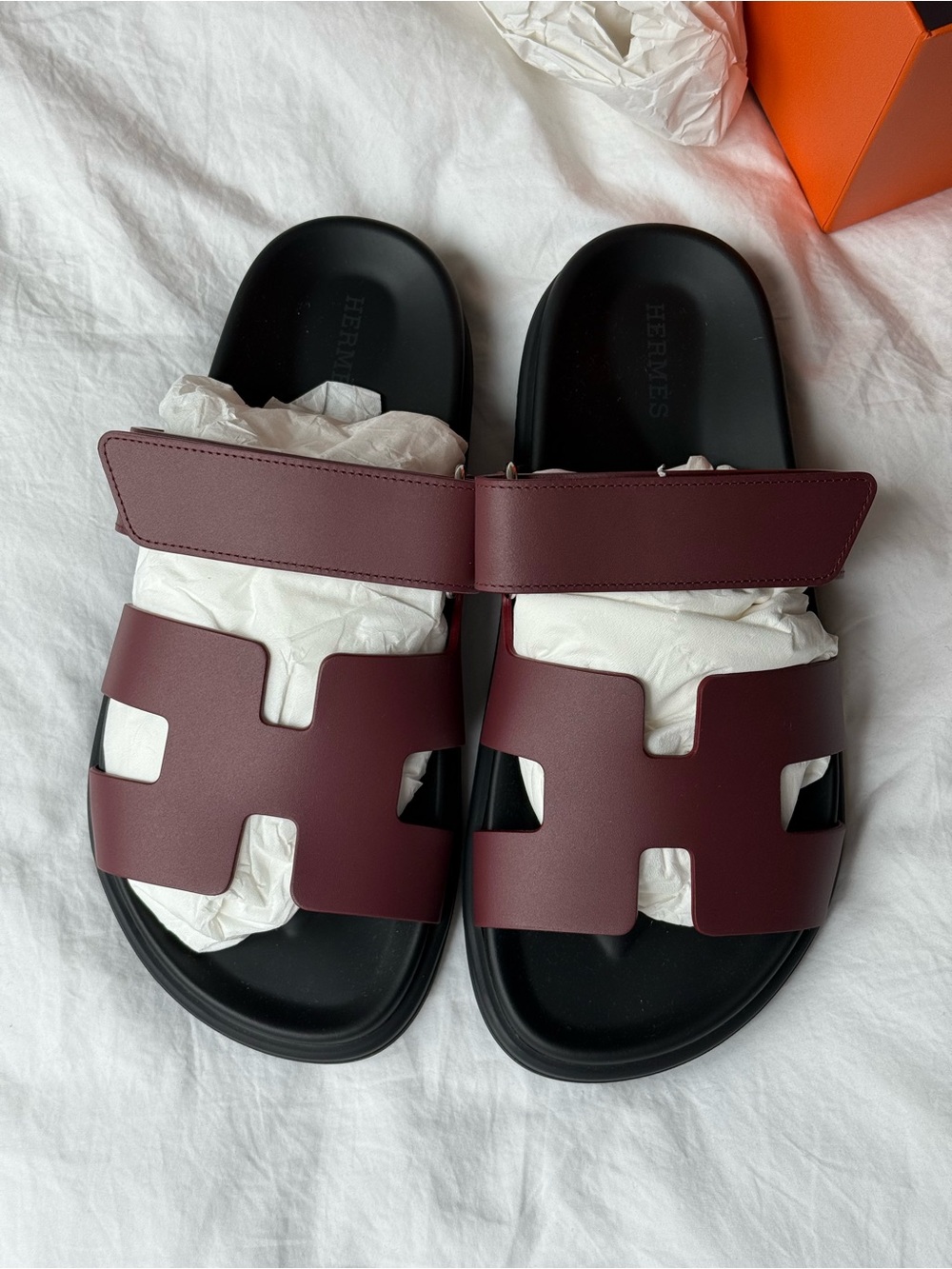 Hermes Women's Oran Sandals in Bordeaux and Black